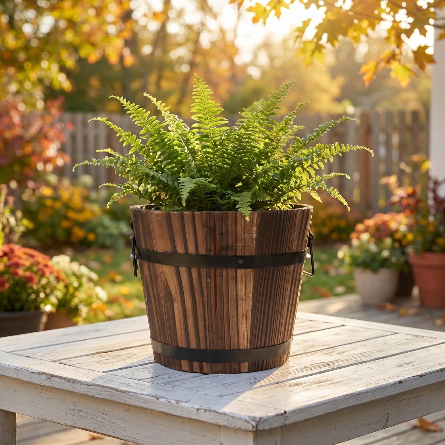 DOITOOL Rustic Wooden Barrel Planter: Wood Whiskey Barrel Bucket Flower Pots Indoor Outdoor Plants Boxes Container for Home Garden Patio Backyard - 7.08 x 5.9 x 5.1 inches (Large)