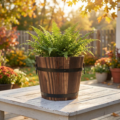 DOITOOL Rustic Wooden Barrel Planter: Wood Whiskey Barrel Bucket Flower Pots Indoor Outdoor Plants Boxes Container for Home Garden Patio Backyard - 7.08 x 5.9 x 5.1 inches (Large)