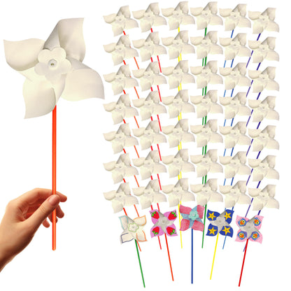 4E's Novelty DIY Pinwheels Craft for Kids (48 Pack) Color Your Own White Pinwheels, Bulk Summer Spring Craft Kit for Boys & Girls, Arts and Craft Party Activity, Church Easter Crafts