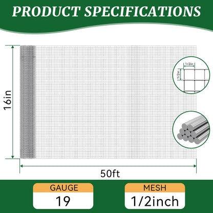 16in x 50ft 19 Gauge Hardware Cloth 1/2 Inch Mesh Roll - Galvanized Chicken Wire Fencing for Garden Fence, Poultry Netting, Gopher Barrier, Animal Cage Screen, Chicken Wire Craft Projects