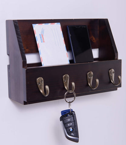 Flintar Wall Mount Key and Mail Holder with 4 Hooks. Made in Taiwan, Solid Wood. Use as Key Rack, Entryway or Mudroom Organizer, Mail & Bill Sorter, Magazine Holder (Walnut)