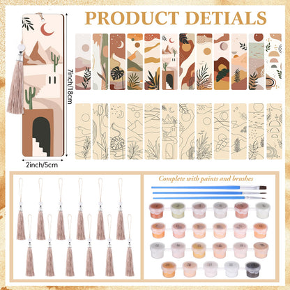Kosiz 12 Pcs Boho Paint by Numbers Kit for Adults Wood Bookmark Painting Decor Mini Paint by Numbers Kit Tassels Blank Bookmarks Craft for Small DIY Book Lovers Gift 7x2 ''