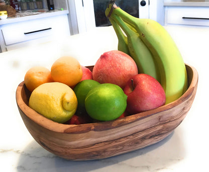ORCHARD HARDWOODS 12" Rustic Oval Artisan Olive Wood Dough Bowl Bread Basket Boat Shaped - Live bark edge. Farmhouse Decor for Fruit, Salads, Snacks, Popcorn. In Lg 10" or XL 12". (XL 12x6-7x4)