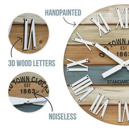 Oldtown Clocks 30" Wooden Multi-Color Maritime Coastal Beach Large Roman Wall Clock (Blue, 30 inch)