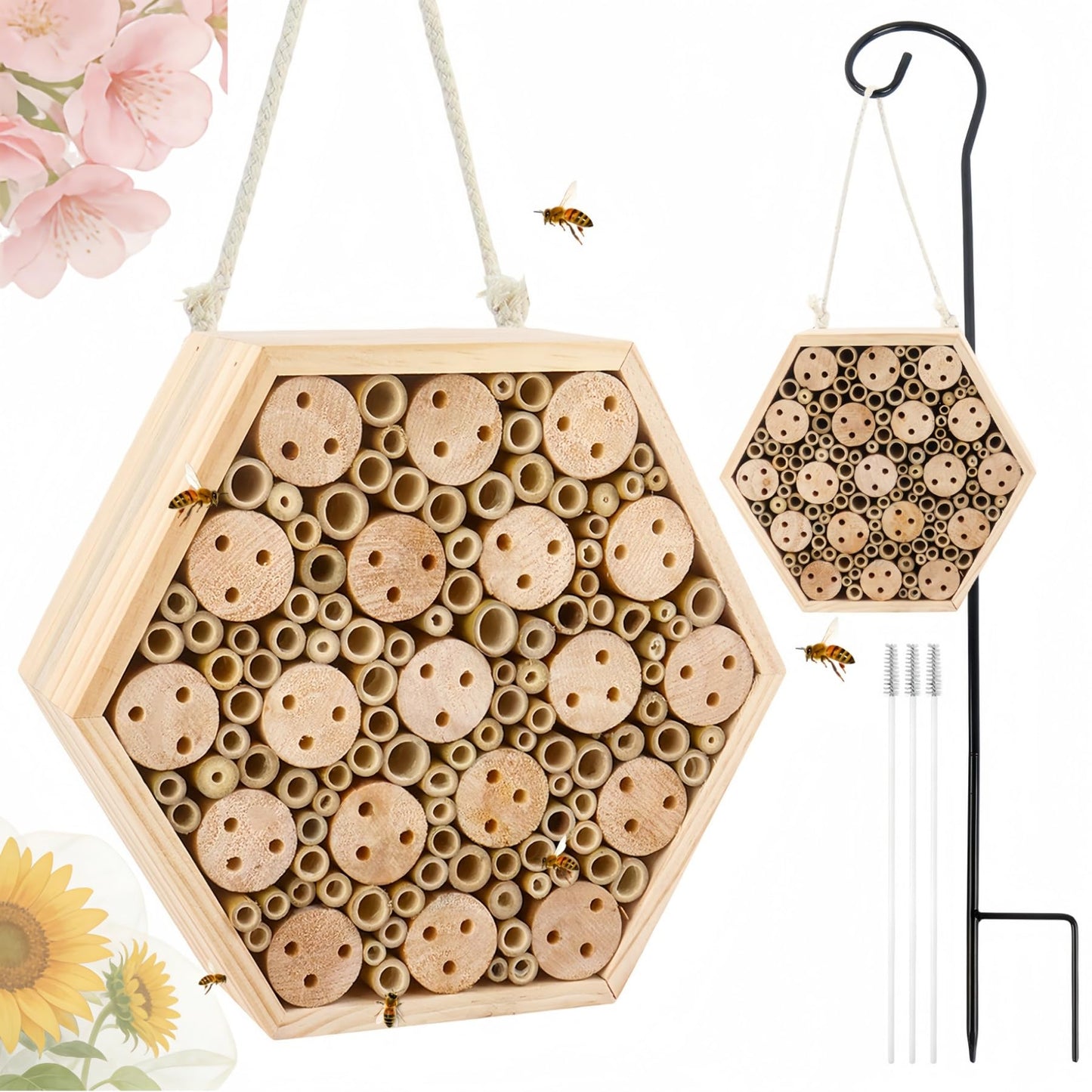 Dmnnlp Mason Bee House, Natural Wooden Hexagon Bee House with Metal Stake & Cleaning Brush, Hanging Bees Box Habitat to Attract Pollinators, Garden Decoration, Gift for Bee Lovers
