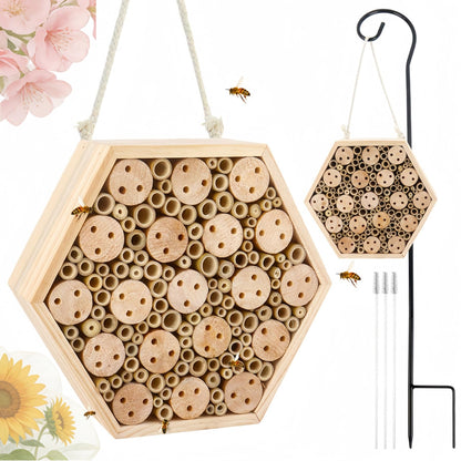Dmnnlp Mason Bee House, Natural Wooden Hexagon Bee House with Metal Stake & Cleaning Brush, Hanging Bees Box Habitat to Attract Pollinators, Garden Decoration, Gift for Bee Lovers