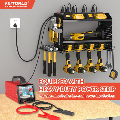 Power Tool Organizer with Charging Station, Heavy Duty Modular Wall Mount Rack for Garage & Shed Organization, 4 Drill Holders, Fathers Day Anniversary Birthday Gifts for Men Dad Him Husband(Black)