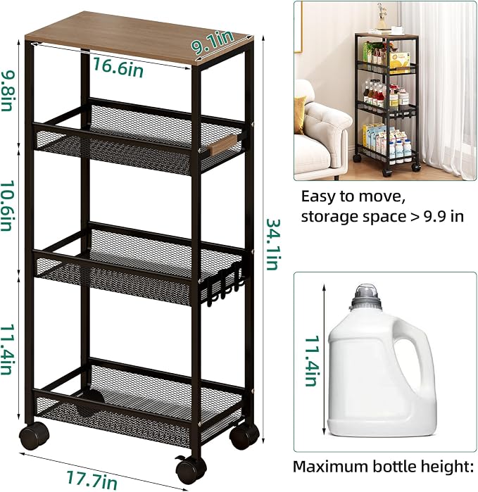 Utility Slim Storage Cart, 4 Tier Rolling Cart with Wheels, Laundry Shelves with Wood Top, Narrow Cabinet for Bathroom Organization, Small Organizer for Kitchen, Office and Dorm (Black, 9.1'')