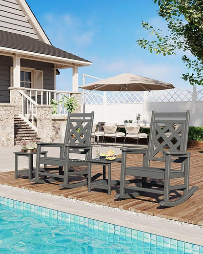 GarveeLife Outdoor Rocking Chair Set of 6, HDPE Weather Resistant Patio Rocking Chair Porch Rocker with Wood Texture & 380 LBS Support for Deck, Pool, Backyard, Gray