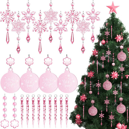 Cinnvoice 24 Pcs Christmas Pink Acrylic Snowflake Ornaments Decoration Set, Crystal Christmas Tree Hanging Pink Clear Flat Ornaments for Xmas Winter Holiday Craft Party Celebration