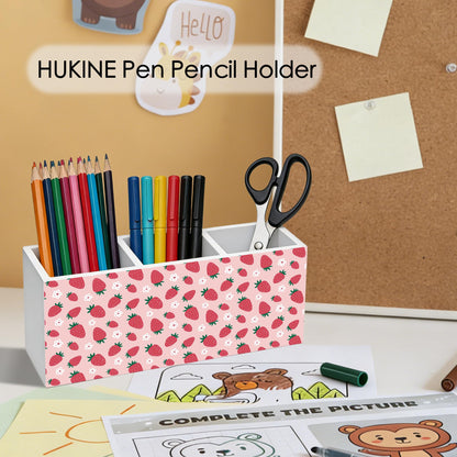 HUKINE Pink Strawberry Pen Holder for Desk Decoration, Preppy Girly Aesthetic Wooden Box Sign Pencil Holder Organizer for Home Office Desk Accessories, Strawberry Gifts for Women Girls
