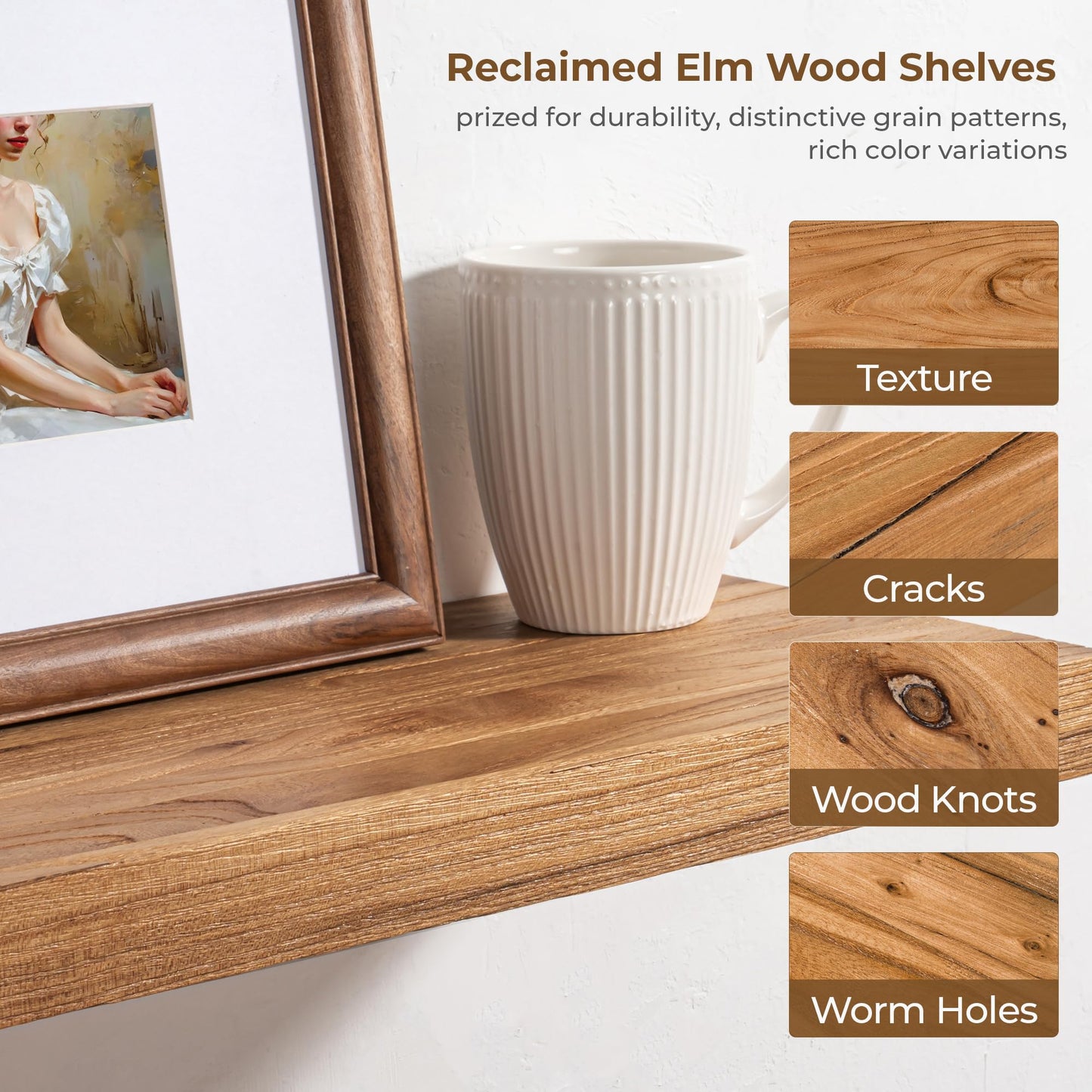 Axeman Floating Shelves for Wall, 24''W x 8'' D Rustic Solid Elm Wood Shelves for Storage, Wall Mounted Display Shelving with Invisible Heavy-Duty Metal Bracket (Natural, 2PCs)