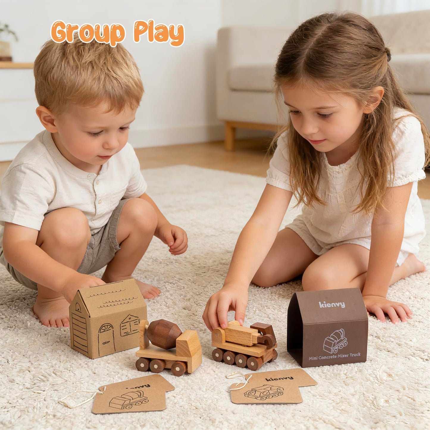 kienvy Wooden Toy Cars for 3 Year Old Boys & Girls - Construction Vehicles Set Push Toys for Toddlers, Wood Montessori Car with Rolling Wheels, Natural Wood Toys (Crane & Concrete Mixer Truck)