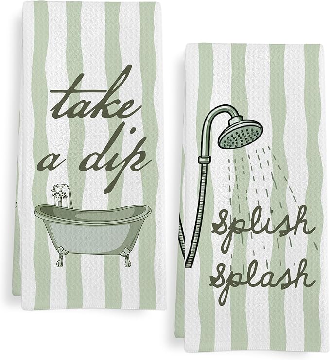 Sage Green Hand Towels for Bathroom Set of 2, Splish Splash Bathtub Dish Tea