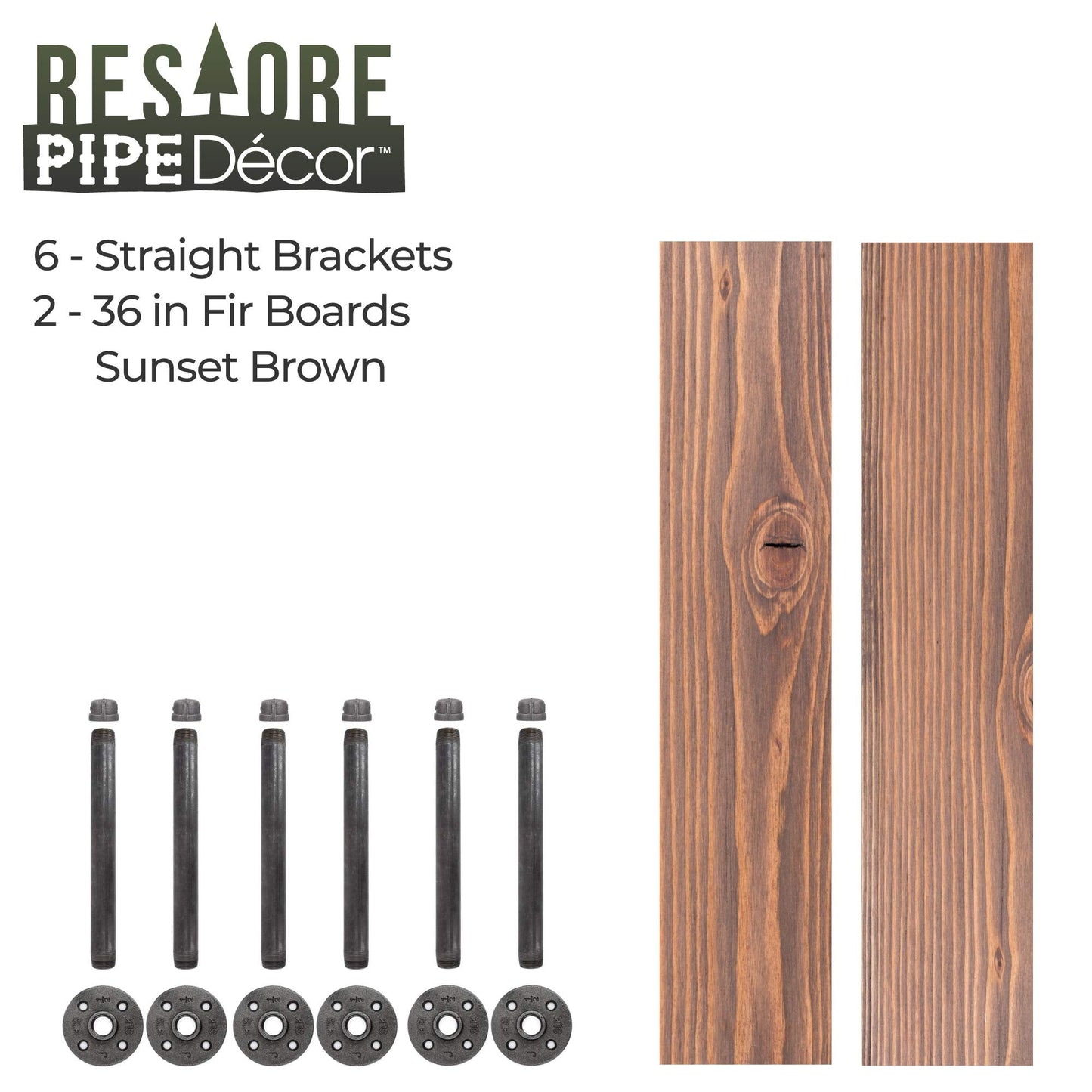Industrial Pipe Wooden Shelves Restore by Pipe DÉCOR Premium Douglas Fir Wood Shelving 36 Inch Length Set of 2 Boards and 6 Straight Brackets Sunset Brown Finish
