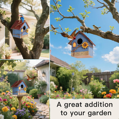 DEWEL Bird Houses for Outside Clearance, Hanging Birdhouses for Outdoors, Garden Wooden Blue Bird Houses for Outdoors, Bird Nesting Box for Bluebird Finch Swallow Wren Chickadee, Gift for Bird Lovers