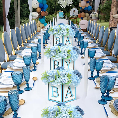 MASTRON Baby Shower Boxes Decorations 4Pcs Wood Baby Blocks with Printed Baby Letter, Blue Baby Shower Centerpieces for Table, Gender Reveal Neutral Baby Shower Supplies