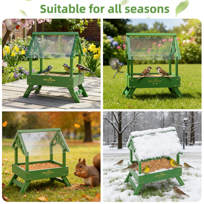MIXXIDEA Ground Bird Feeder for Outdoors - Bird Feeder with shelter for Bird &Squirrel Wooden Chicken Picnic Table Platform Feeder Wild Bird Feed Crow Feeder for Outside with 5 LBS Capacity