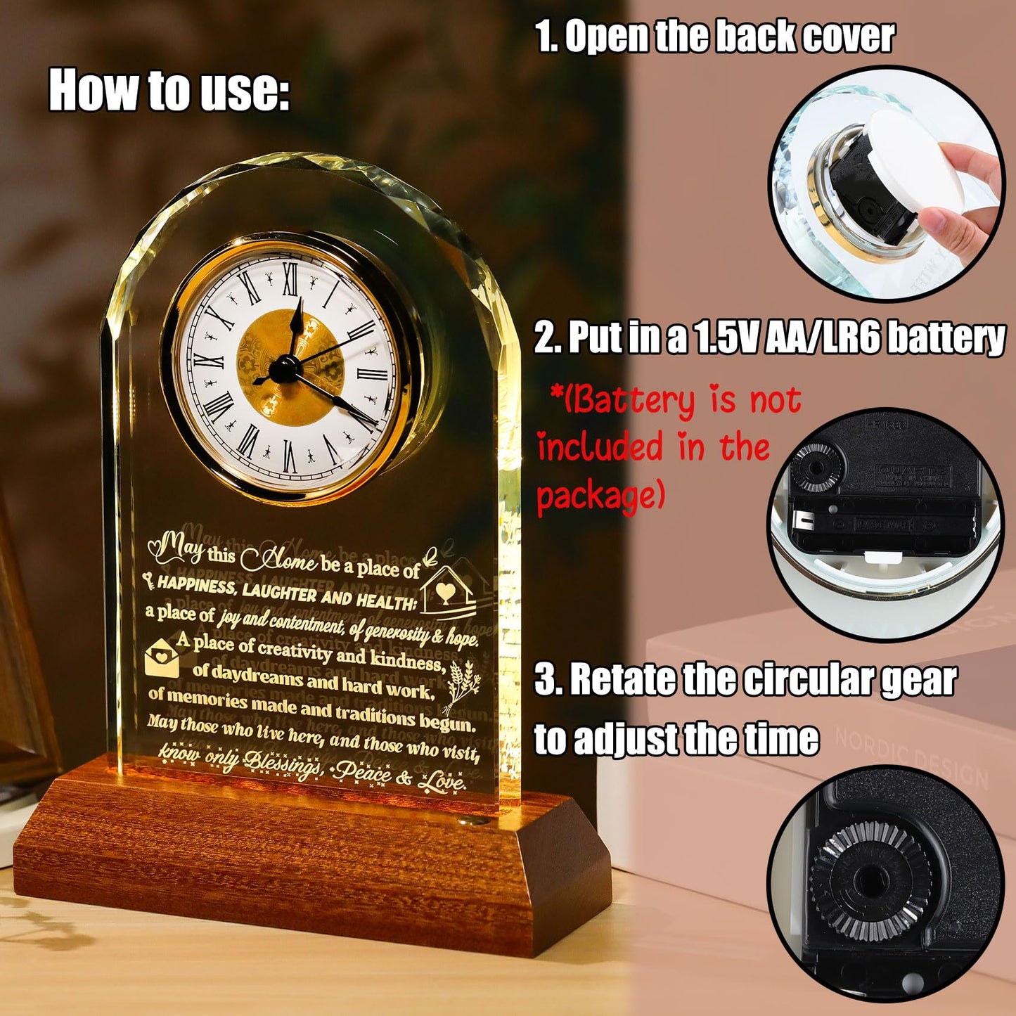 Arikyrist House Warming Gifts Glass Clock with Wooden LED Light Base Unique New Home Gift Ideas for Friends Couples Family Perfect Decor for Kitchen Home Tabletop