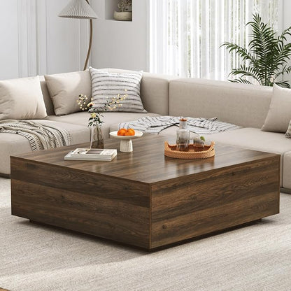 47” Square Coffee Table with Storage, 47" D x 47" W x 17" H Modern Large Square Center Table with 2 Drawers,Wood Coffee Table for Living Room,Bedroom（Walnut）