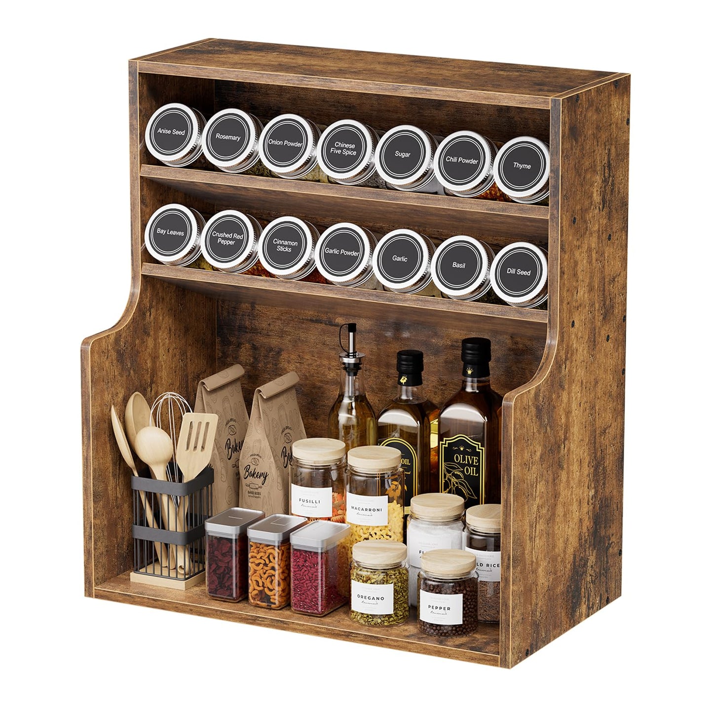 Simple Trending Spice Rack Organizer, 3 Tire Wood Kitchen Counter Shelves, Large Capacity Seasoning Storage Shelf for Countertop, Pantry, Kitchen, 7” W × 14.3” H, Brown