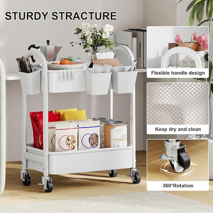 2 Tier Rolling Cart Metal with Wheels, White Under Desk Storage Roller Caddy on Wheels, Two Tiered Short Shelf Trolley, Small Utility Organizer Carts for Dorm, Bathroom, Craft, Art, Baby, Pantry,Snack