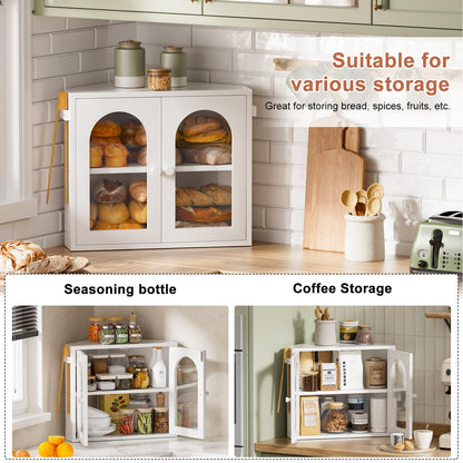 WOWLIVE Corner Bread Box for Kitchen Countertop, 2 Tier Bamboo Bread Storage Container for Homemade Bread with Clear Acrylic Door Panel, Large Bread Bin Farmhouse Breadbox Organizer (White, Medium)