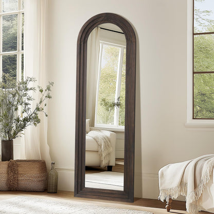 Rustic Wood Floor Full Length Mirror with Stand, 64"X21" Farmhouse Arched Free Standing Mirror for Bedroom Living Room Store, Leaning or Wall Mounted, Tempered Glass, Brown