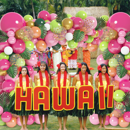 146Pcs Tropical Balloons Garland Arch Kit, Hawaiian Luau Tropical Aloha Flamingo Party Decorations Hot Pink Fruit Green Rose Gold Confetti Balloons Palm Leaves Birthday Baby Shower Wedding Supplies