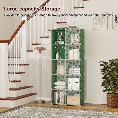 C&AHOME Cube Storage Organizer with Doors, 10-Cube Shelves, DIY Plastic Modular Bookshelf, Closet Clothes Storage Shelving Ideal for Bedroom, Living Room, Clover Embossed, Green