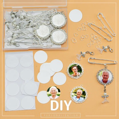 12 Sets Wedding Bouquet Photo Charm Sublimation Blanks,Memorial Keepsake Brooch Making Kit for Mother/Father of Bride/Groom,Custom Bridal Boutonniere Pin, Something Blue Funeral Death Anniversary