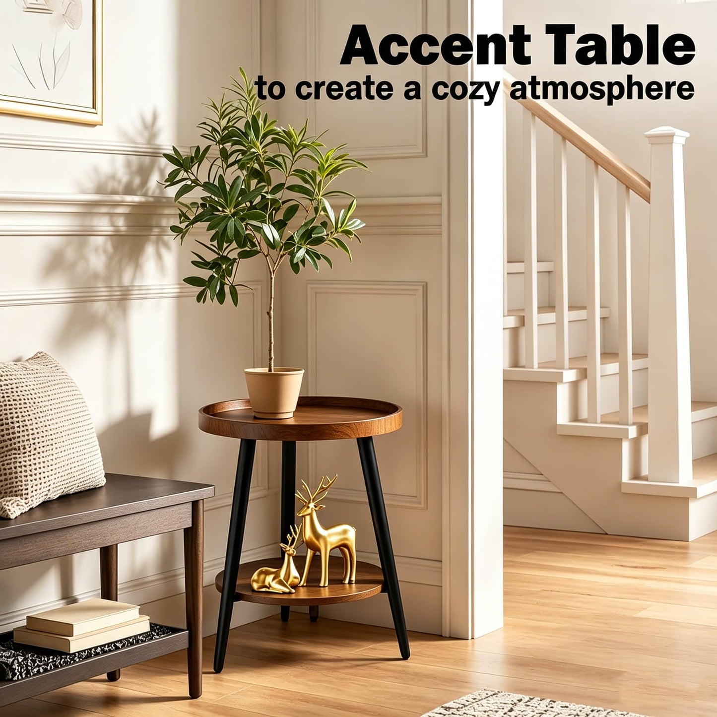 FANTERSI Small Round Side Table, 2-Tier Mid Century Modern Side Table, Round End Table Small End Table for Living Room, Metal Frames, Brown