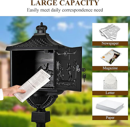 Mailbox, Heavy Duty Cast Aluminum Postal Box, Mail Box with 2 Keys for Courtyard Villa Decoration - Black