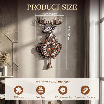 WDPINTU 3D Wooden Clock Puzzle – Steampunk Deer Head Design – DIY Model Kit for Adults & Teens (15+) – Unique Wall Decor with Roman Numerals – Gift-Ready Packaging