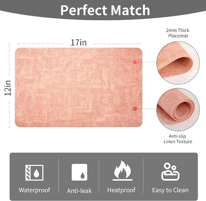 Maxpearl Faux Leather Placemats Set of 6 - Waterproof - Wipe Clean - Heat Resistant - Anti Slip Dining Table Place Mats, Suitable for Indoor & Outdoor Use, 17’’×12’’, Pink