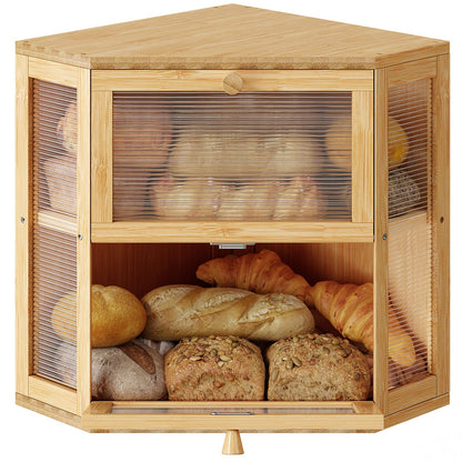 WOWLIVE Corner Bread Box for Kitchen Countertop, Double Layer Bamboo Bread Storage Container, Large Farmhouse Bread box with Acrylic Wavy Door Panel, Under Cabinet Organizer (Natural, Medium)