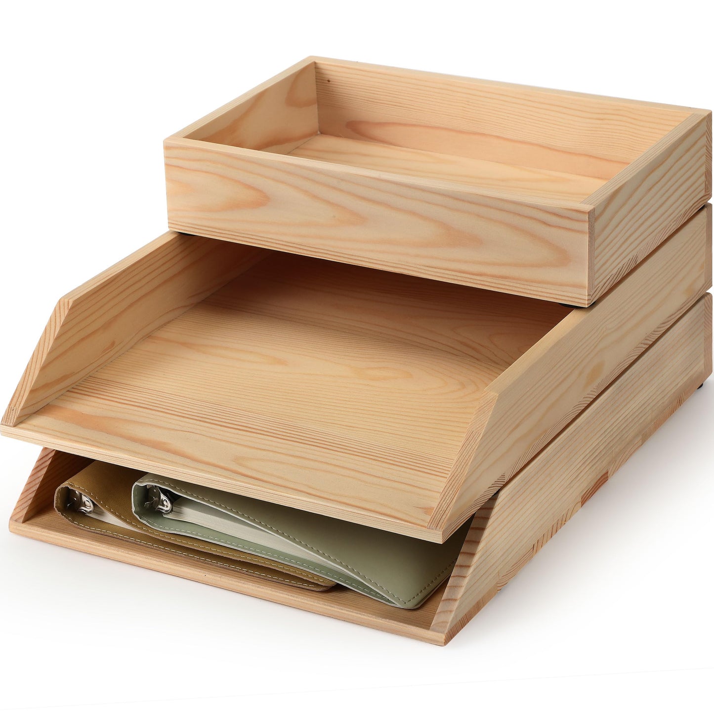Beeveer 3 Pcs Wooden Letter Tray Wood Letter-Size Desk Organizer Heavy Duty 3 Tier Stackable Support Paper Tray Tabletop Inbox Drawer Desktop File Folder Magazine Office Back to School(Light Brown)