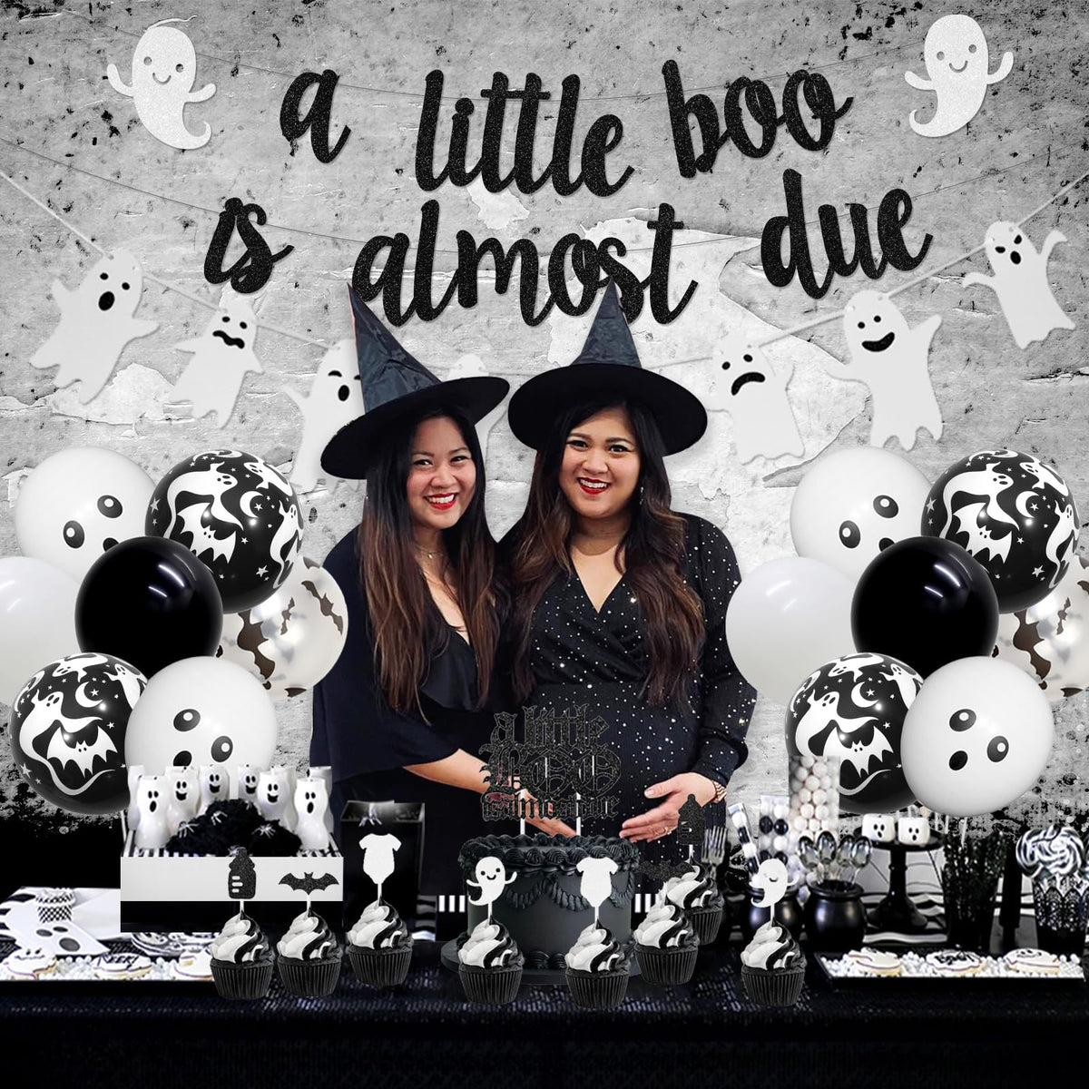 Balterever a Little Boo is Almost Due Baby Shower Decoration Black White Halloween Baby Shower Decor with a Little Boo is Almost Due Banner Garland Cupcake Cake Topper for Halloween Gender Reveal