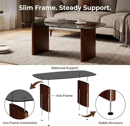 Modern Glass Coffee Table, Coffee Table for Living Room,Tempered Glass-top with Sturdy Wooden Base, Modern Coffee Tables for Small Space, Apartment, Office, Minimalist Design (Walnut)