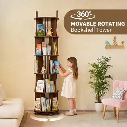 Kryonix Rotating Bookshelf, Solid Wood 5 Tier Spinning Book Shelf Tower, 360° Revolving Bookcase on Wheels, Corner Round Rolling Bookshelves for Small Spaces, Bedroom, Office, Kids Room (Walnut)