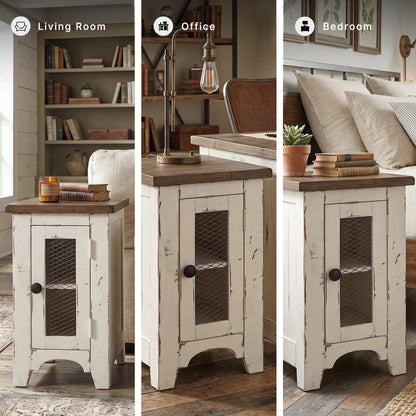 Signature Design by Ashley Wystfield Farmhouse Chair Side End Table with Cabinet Door for Storage, White & Brown with Distressed Finish