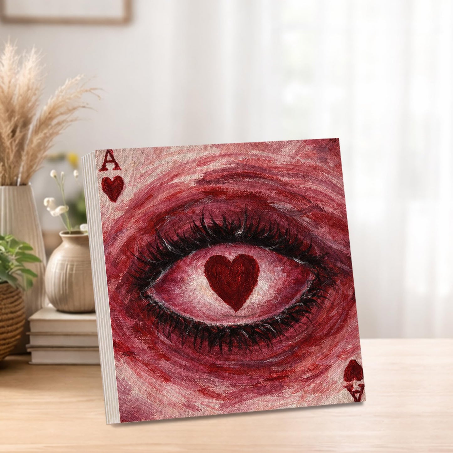 Surreal Eye Wooden Block Sign, Heart Eye Art Painting, Playing Card Heart Dark Romantic Symbolic Decor Shelf Sitter, Artistic Home Table Mantel Tiered Tray Unique Gift