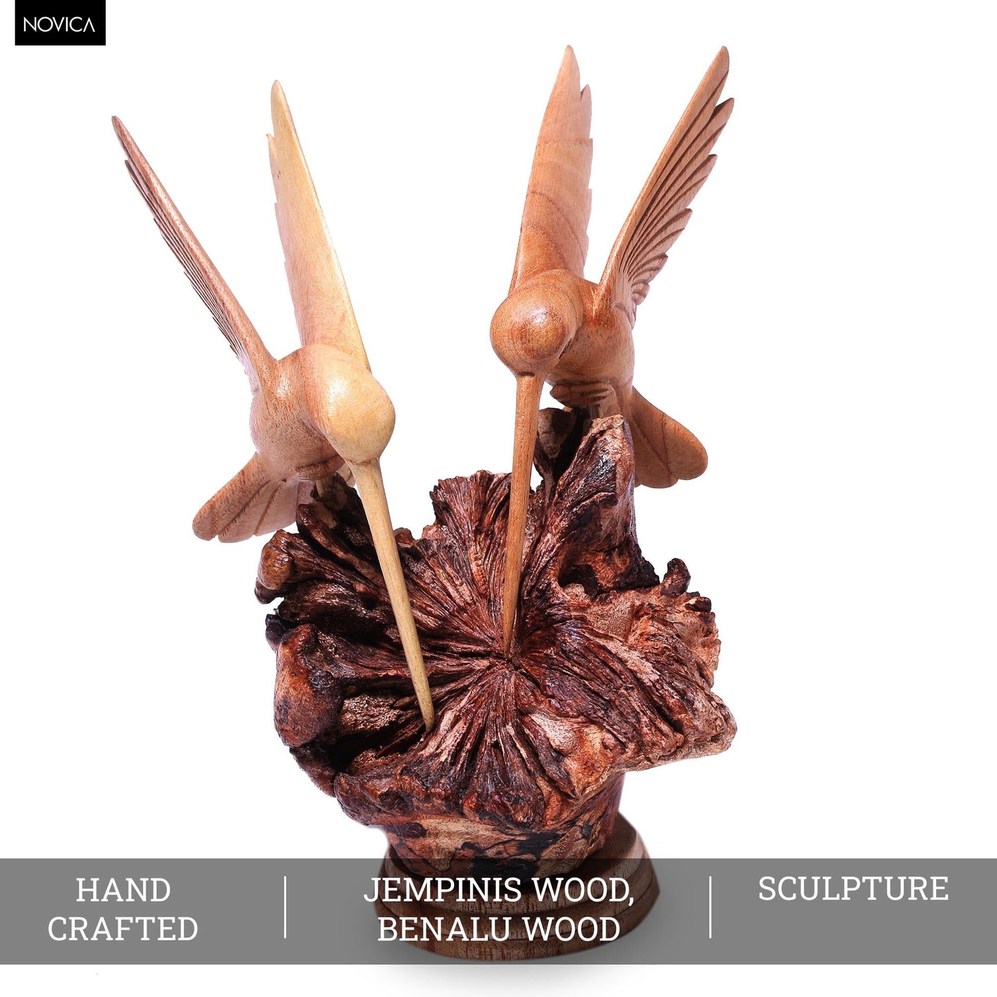NOVICA Artisan Crafted Handcarved Wood Sculpture | Hummingbird Figurine Decor | Sustainable Animal Themed | Benalu & Jempinis Wood | NAT Geo Decoration | Indonesia ' Hummingbird Couple' 7.5" H x 6" W