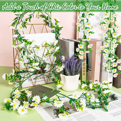 4 Pack Artificial Daisy Flowers Vine, 27.2 Ft Silky Artificial Garland with White Daisy and Vine Floral Garlands Decoration for Room Wall, Flower Themed Party, Wedding Supplies