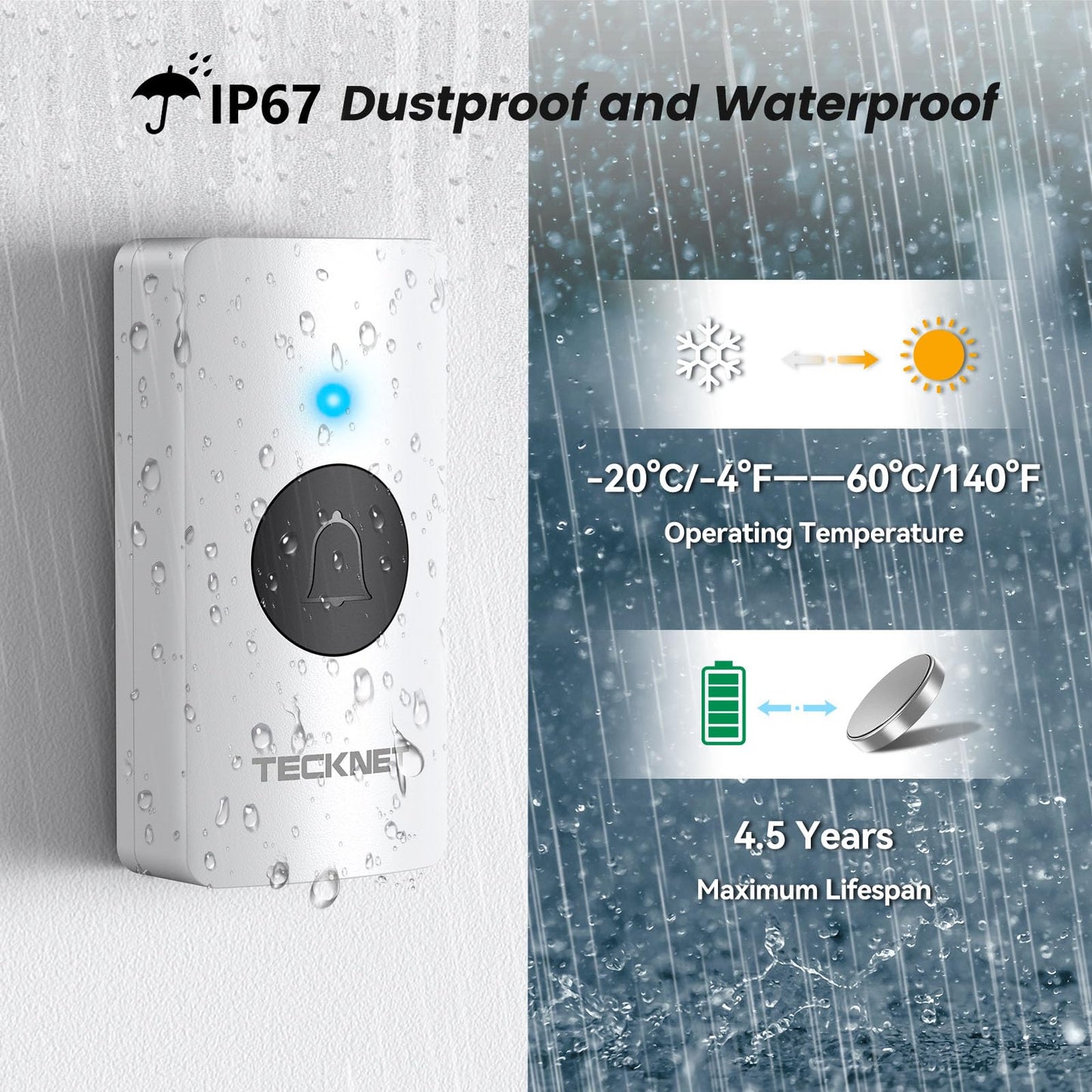 TECKNET Wireless Doorbell 1300FT, IP67 Waterproof Classroom Doorbell Battery-Powered Door Bell, 60 Chimes 5-Level Volume, Electric Doorbells No Plug-in Required for Home Classroom Teachers Warehouse