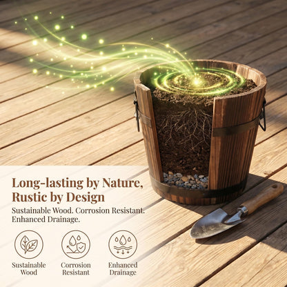 DOITOOL Rustic Wooden Barrel Planter: Wood Whiskey Barrel Bucket Flower Pots Indoor Outdoor Plants Boxes Container for Home Garden Patio Backyard - 7.08 x 5.9 x 5.1 inches (Large)
