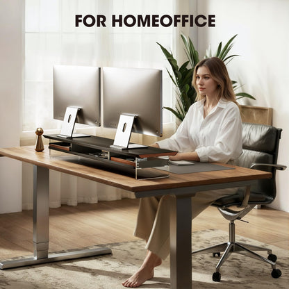 Fenge 42.5” Dual Monitor Stand Riser with 2 Felt-Lined Drawers, Aesthetic Metal and Wood Monitor Shelf with Acrylic Legs, 2-Tier Desk Organizer for 2 Monitors, Laptop, Printer, TV, Black