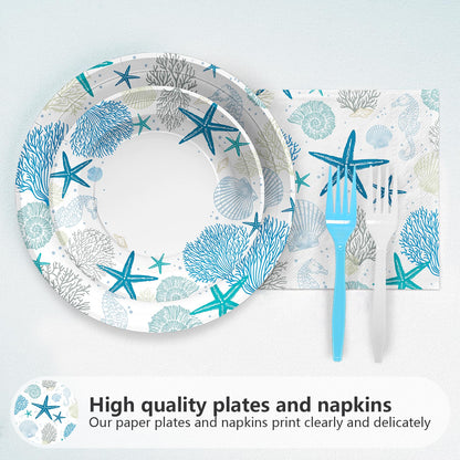 96Pcs Coastal Beach Party Decorations Blue Seashell Starfish Coral Plates and Napkins Sets Nautical Ocean Birthday Party Decorations for Summer Beach Baby Shower Wedding Party Supplies Serves 24