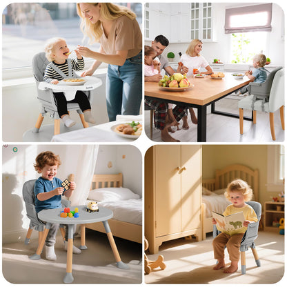 Ezebaby 8-in-1 Baby High Chair, Convertible High Chair for Babies and Toddlers/Booster Seat/Toddler Chair/Table & Chair Set/Kids Stool, Wood Highchair with Removable Tray, Seatbelt, PU Cushion (Gray)
