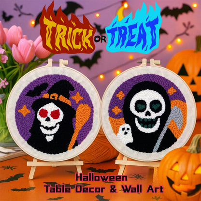 Halloween Punch Needle Kit for Adults Beginners, Easy Punch Embroidery Starter Set with Instruction, Fun DIY Needle Point Craft for Home Decor & Holiday Gift Idea(2pcs Skull Witch & Grim Reaper)